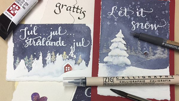 Kalligrafi/akvarellfärg - julkort och vintermotiv